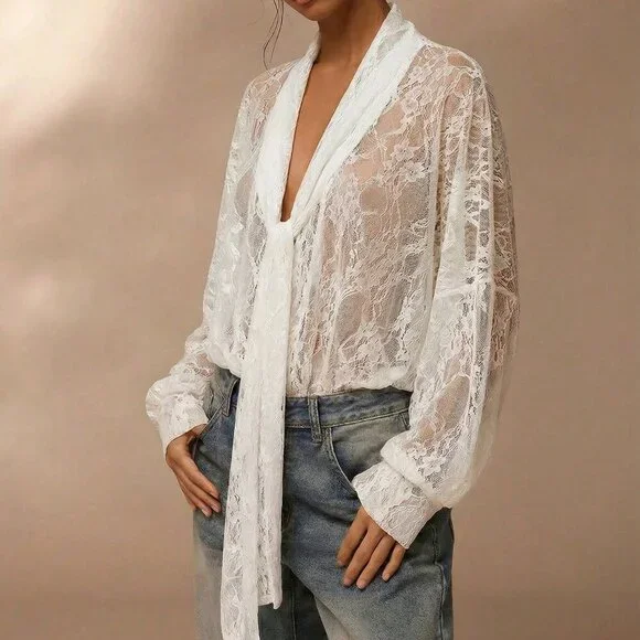 White Casual Women's Semi-Sheer Kimono Sleeves Shirt - Picture 6 of 11